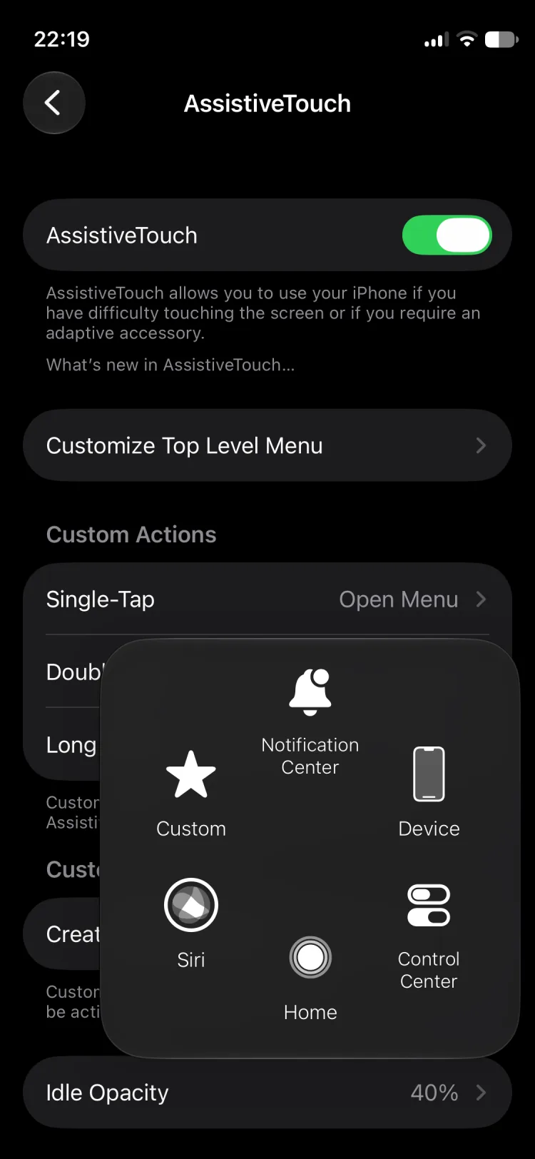 The default AssistiveTouch menu expanded.