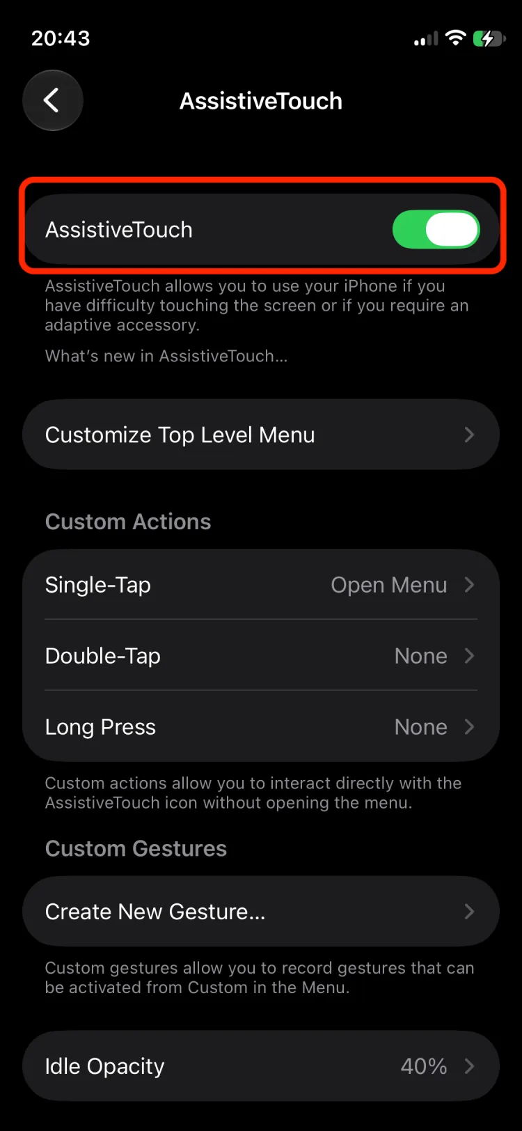AssistiveTouch settings with AssistiveTouch turned on.