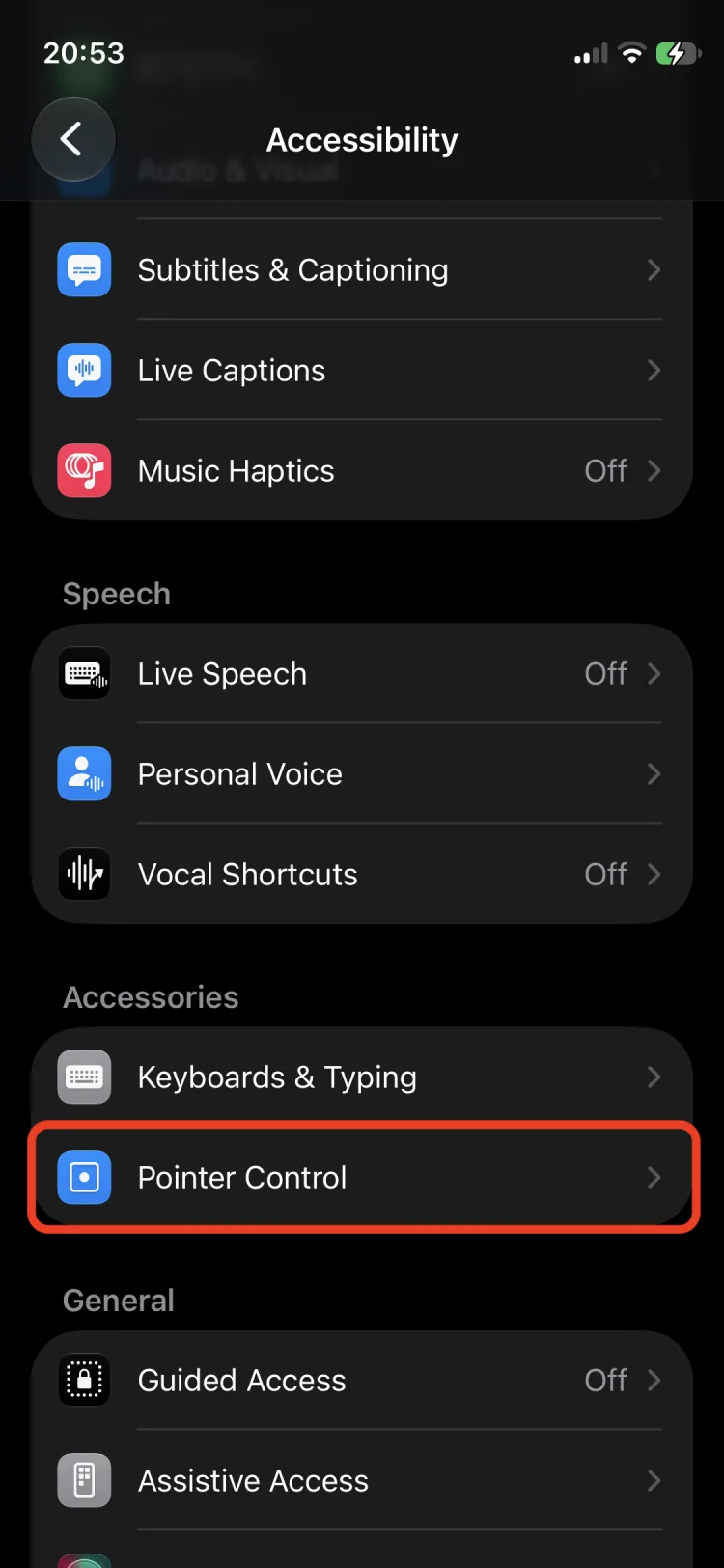 Pointer Control in Accessibility settings. It only appears while a pointing device is connected.