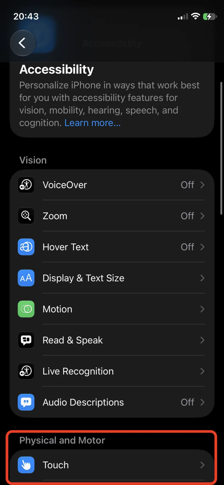 Accessibility settings with Touch menu highlighted.