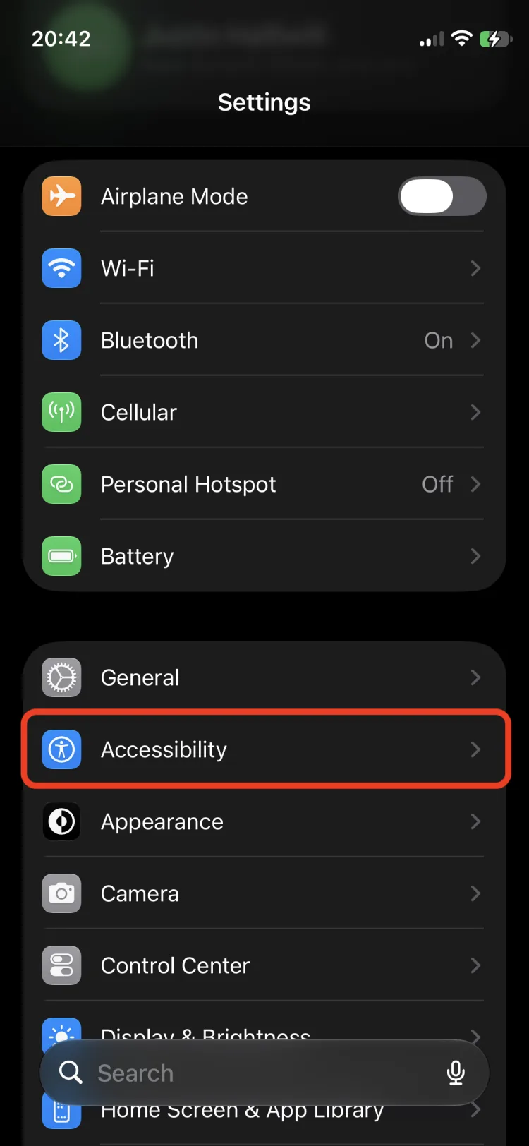 iPhone settings with Accessibility menu highlighted.