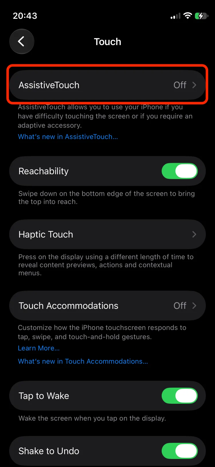 Touch settings with AssistiveTouch menu highlighted.