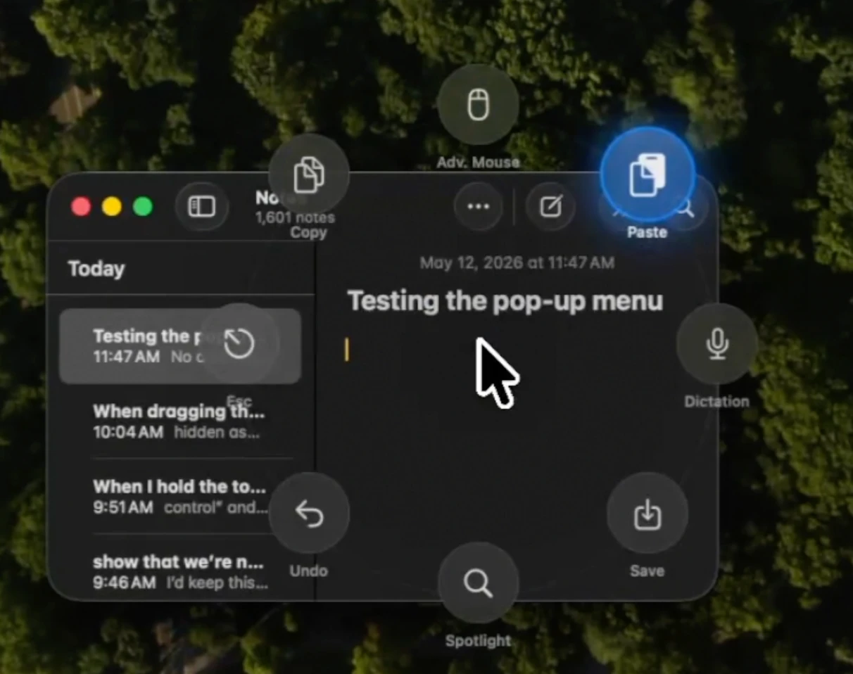 The radial context menu, showing tongue touch position as virtual buttons